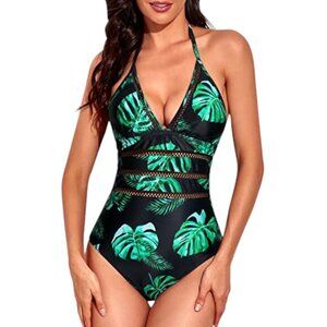 Tempt Me Black Green Leaf Halter Plunge V-Neck Swimsuit Size XL NWT #1914